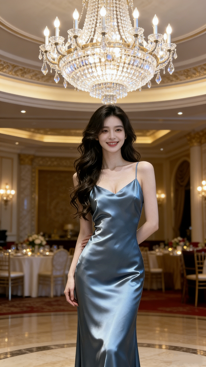 Classy Spaghetti Straps V Neck Blue Satin Mermaid Long Wedding Guest Dress Bridesmaid Dress D1391