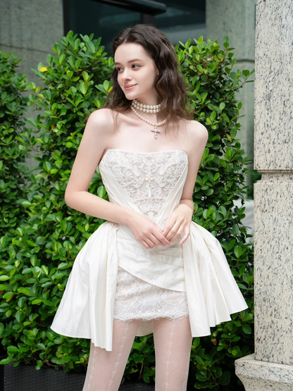 White satin tube top lace design waist waist sexy short skirt homecoming dress R4185