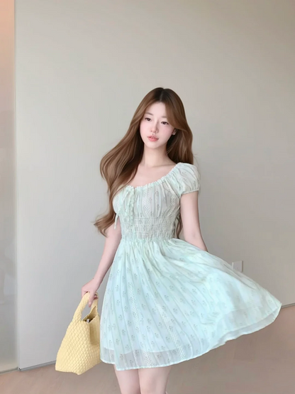Light blue short-sleeved slim-waist A-line skirt R5031