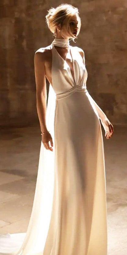Simple Sexy Halter V-Neck Open Back With Train Long Wedding Dress      S6937