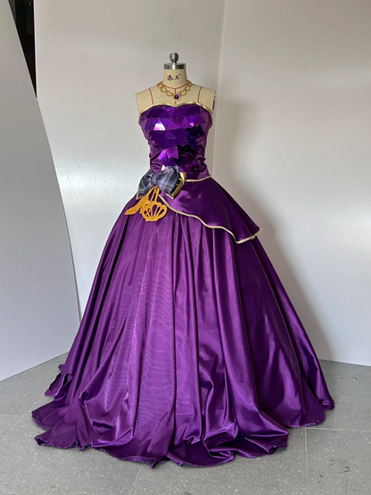Purple halter-neck, fitted waist, full skirt, long ball gown R8369