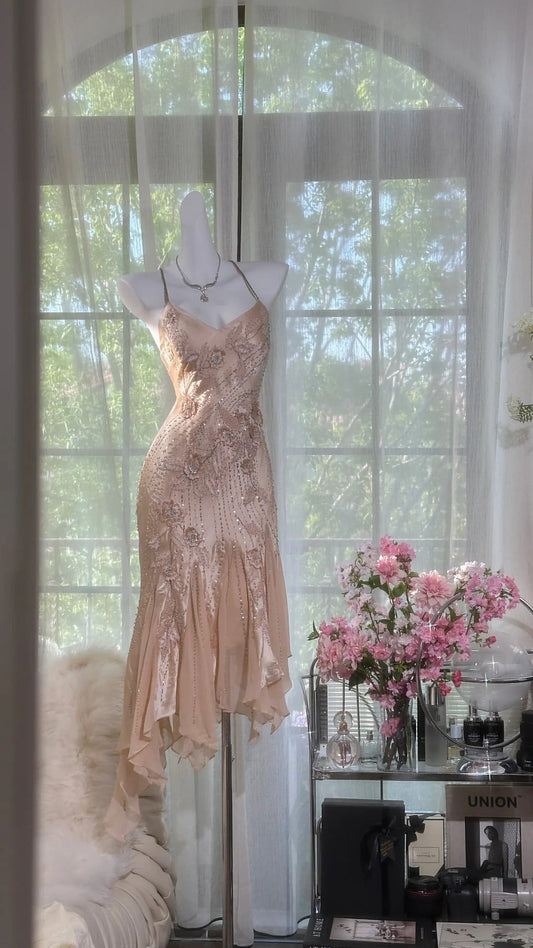 Fashion Sequin Beading Spaghetti Strap A-line Satin Party Dresses Homecoming Dresses, D1328
