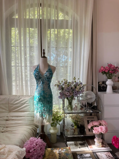 Shiny Homecoming Dress Halter Sequins Dress Back to School Outfits Party Dress  D6436