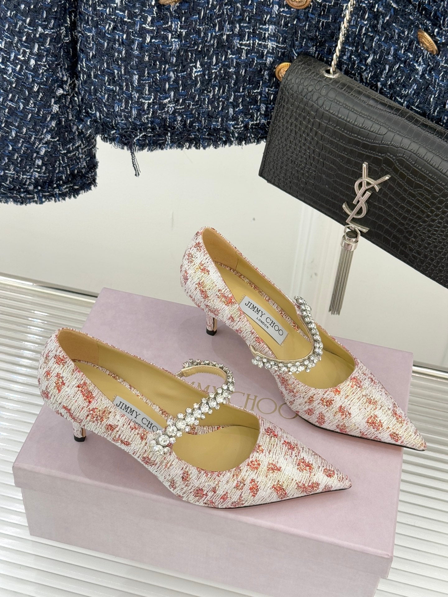 Jimmy Choo Classic Diamond Chain Point Toe High Heels Light Pink Sheepskin 573545