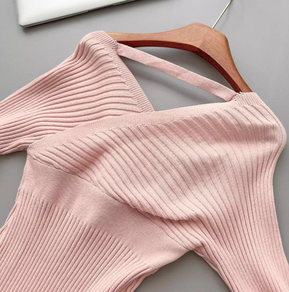 Pure desire slim waist sexy hip pink dress V-neck bottom knitted long skirt R0296