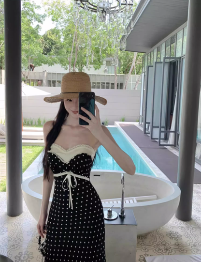 Temperament lace polka dot one-shoulder tube top dress with slim waist and hip-hugging long skirt R0581