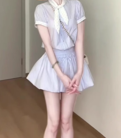 Gentle blue striped short-sleeved dress with elegant waist A-line short skirt R0818