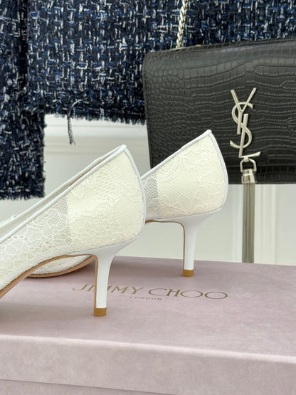 Jimmy Choo Classic Lace Pointed-Toe High Heels White Sheepskin 573529