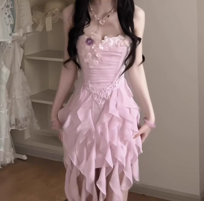 Ruffled purple flower suspender dress gentle temperament waist A-line beach dress R0792