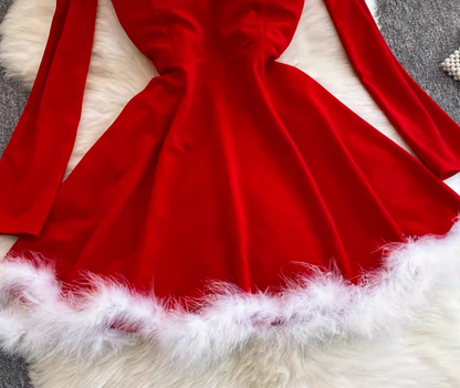 Women's Christmas dress, sexy low-cut waist-slimming, long-swing fur suspender tube top dress R0356