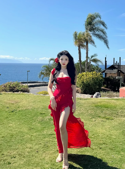 Pure desire hot girl red chiffon suspender dress irregular ruffle sexy slit holiday long skirt R0218