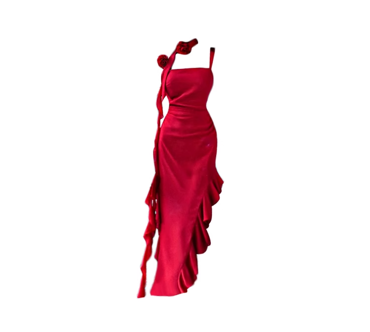 Red suspender dress 2025 new holiday slim ruffle irregular temperament long skirt R0058