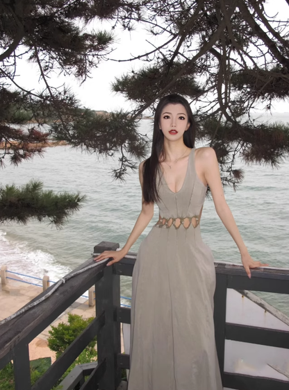 Sexy backless sleeveless dress hollow cold temperament long dress R0486