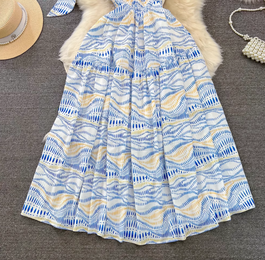 Light luxury temperament oblique collar off-shoulder waist A-line print large swing dress elegant long skirt R0393