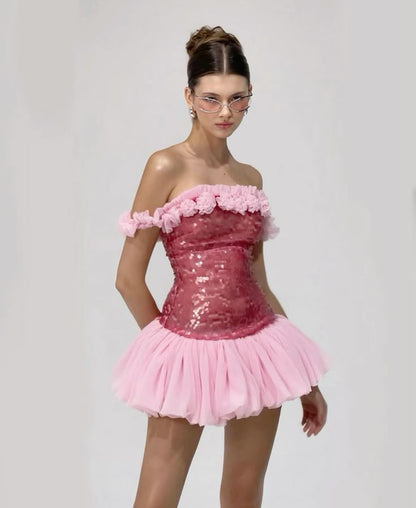 Pink one-shoulder waisted tutu skirt homecoming dress R2957