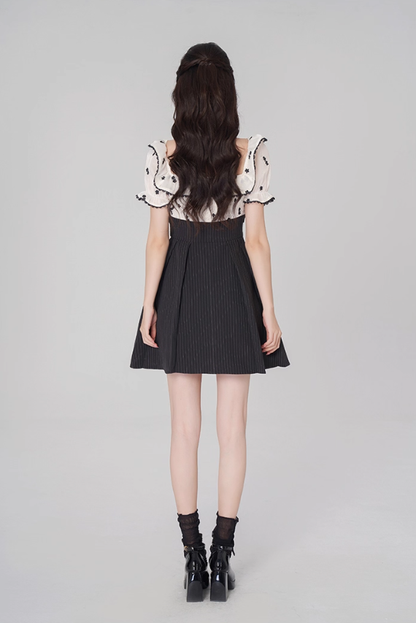 Tea break French dress puff sleeve A-line skirt new style high waist embroidered short skirt R4499