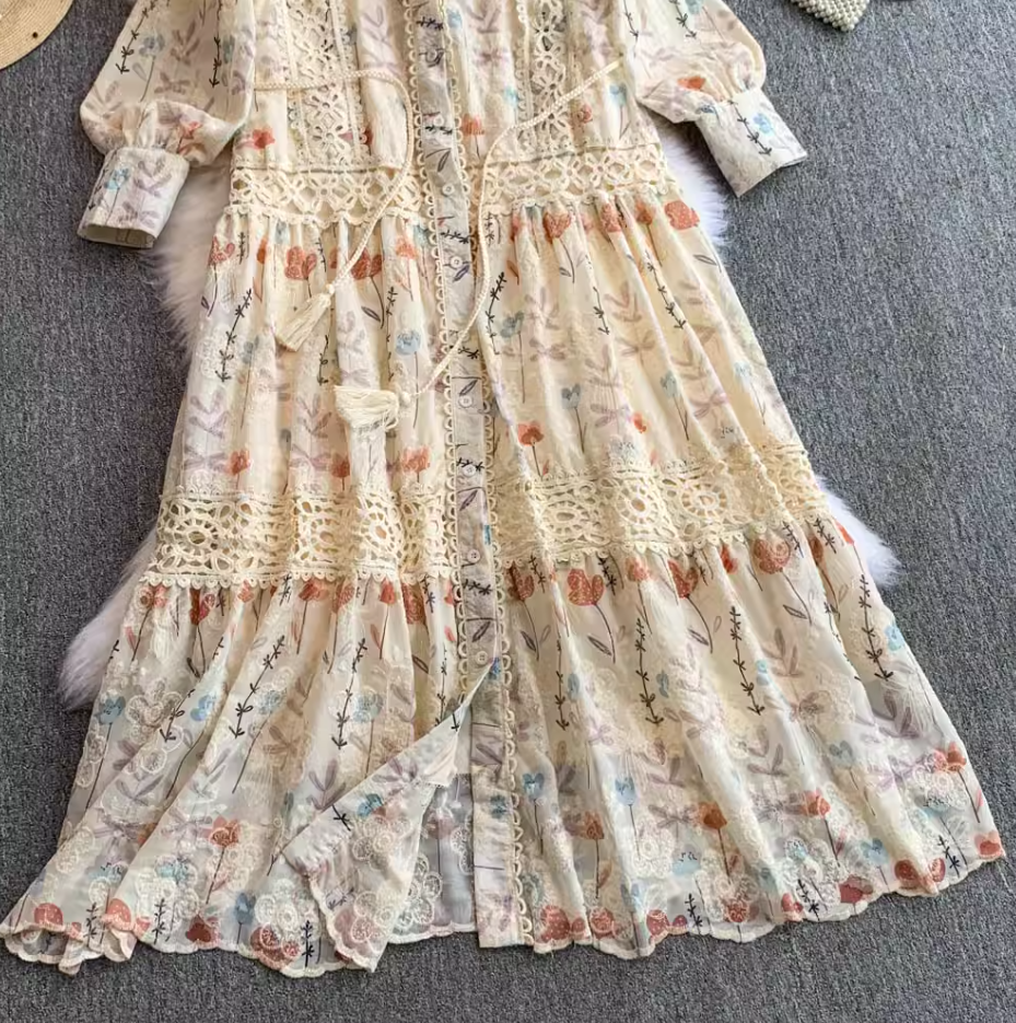 Gentle style lady temperament stand collar dress new style embroidered lace waist slim long skirt R0312