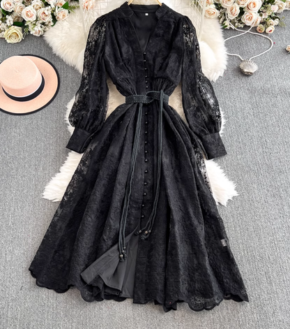 French retro palace style dress embroidery waist slim long lace dress female high-end exquisite dress R0328