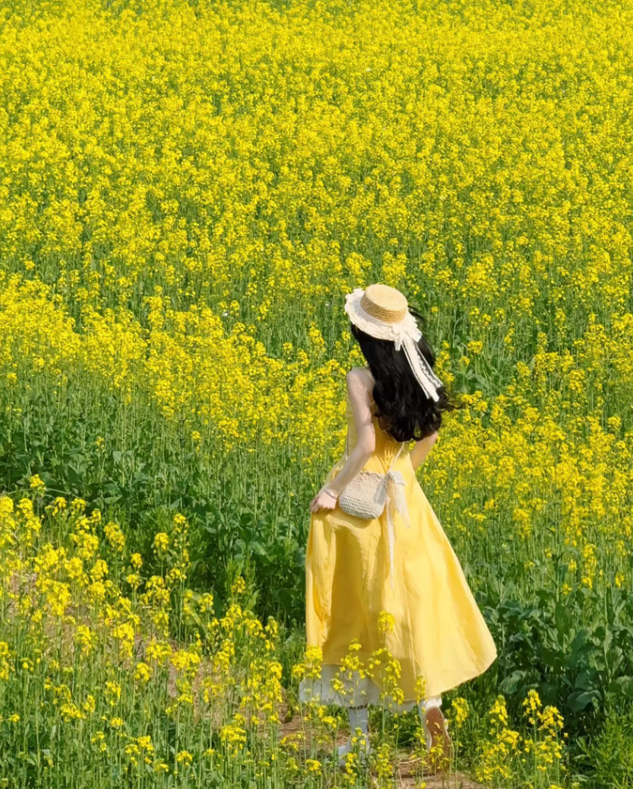 Travel wear women's yellow suspender dress gentle temperament super beautiful waist skirt R0437