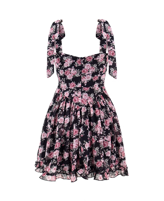 Tea break French floral suspender dress 2025 new sweet and spicy style waist slim chiffon short skirt R0116