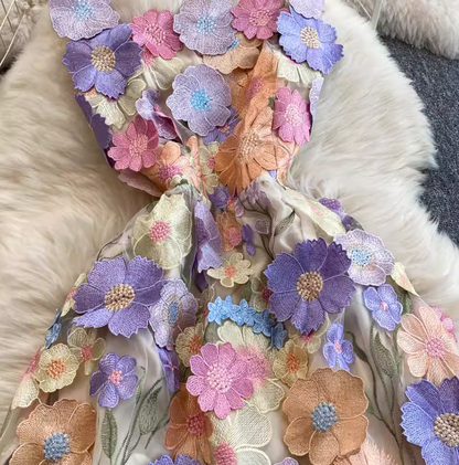 French mesh three-dimensional flower embroidery perspective waist dress suspenders dress short skirt R0323