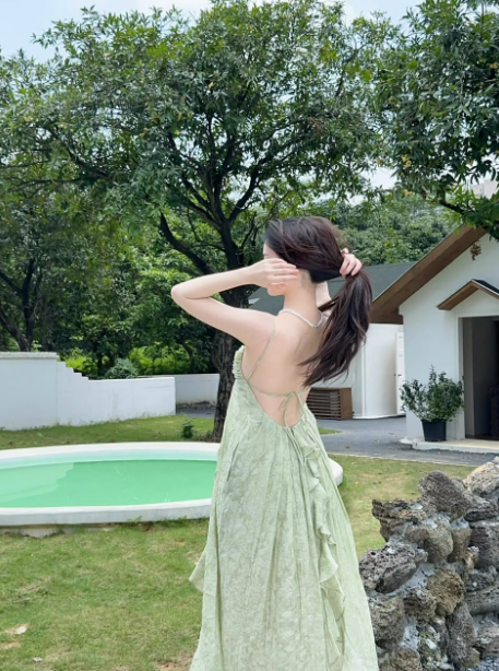 French style green v-neck suspender dress seaside holiday pure sexy backless long dress R0241