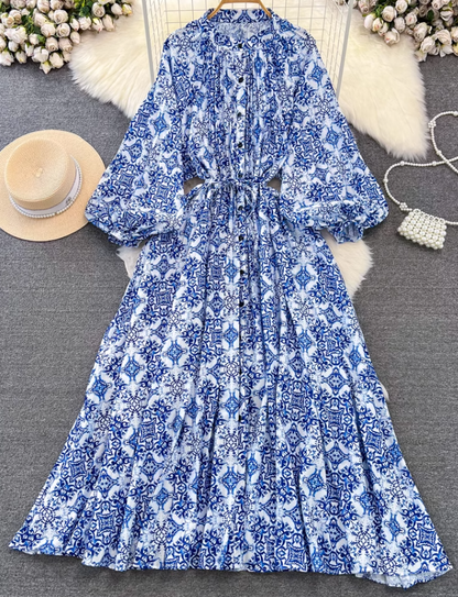 Fashion lantern long sleeve round neck waist a-line print irregular dress elegant long skirt R0404