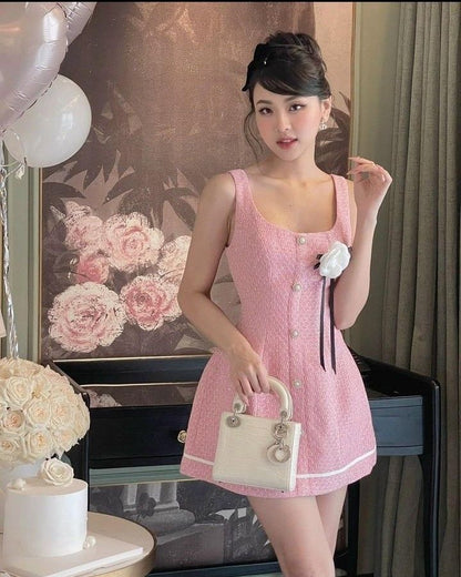 Pink suspenders waist slimming A-line Chanel style short skirt homecoming dress R3609