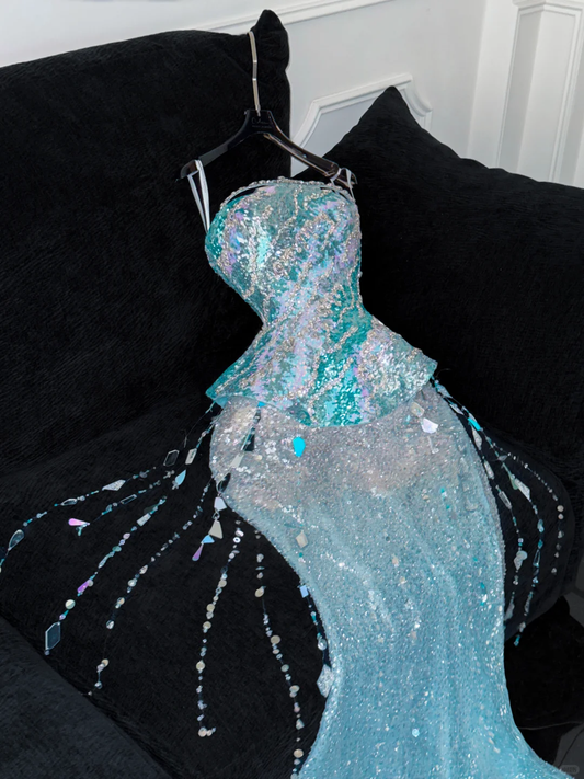 Gorgeous Sparkling Blue Sequin Beaded Mermaid Elegant Chiffon Evening Dress Prom Dresses D1629