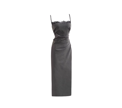 Gray rich girl style beautiful suspender dress female 2025 new summer lace splicing pleated hip skirt R0071
