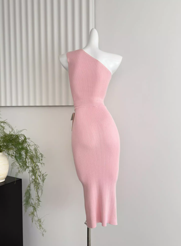Temperament pure pink gold button off-shoulder short knitted versatile top slim skirt fashion suit R0277