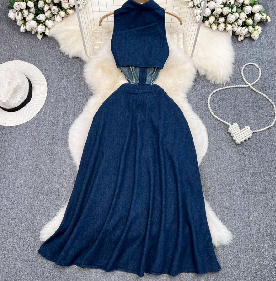 Retro lapel hollow exposed waist waist slimming sleeveless single-breasted A-line split denim dress R0375