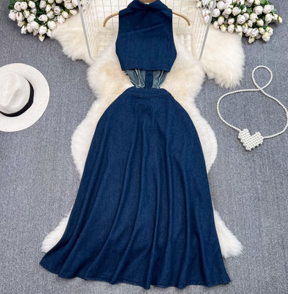 Retro lapel hollow exposed waist waist slimming sleeveless single-breasted A-line split denim dress R0375