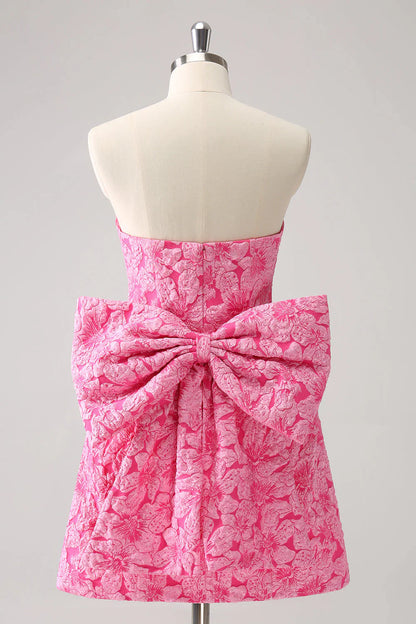 Vintage Rose Pink Bow Design A-line Floral Sleeveless Strapless Homecoming Dress, D1367
