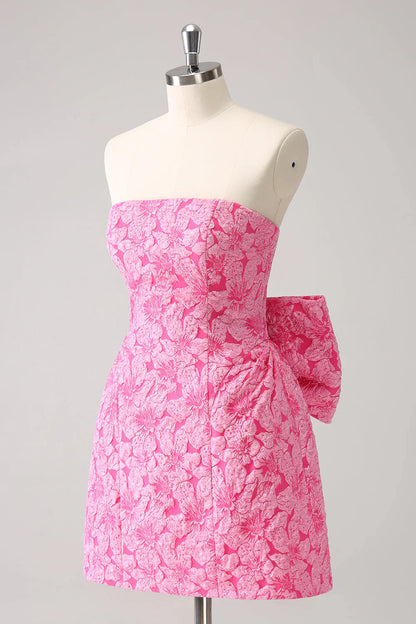 Vintage Rose Pink Bow Design A-line Floral Sleeveless Strapless Homecoming Dress, D1367