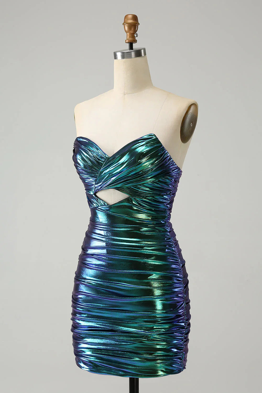 New Fashion Sparkly Teal Blue Ruched Design A-line Bodycon Strapless Short Homecoming Dress, D1362