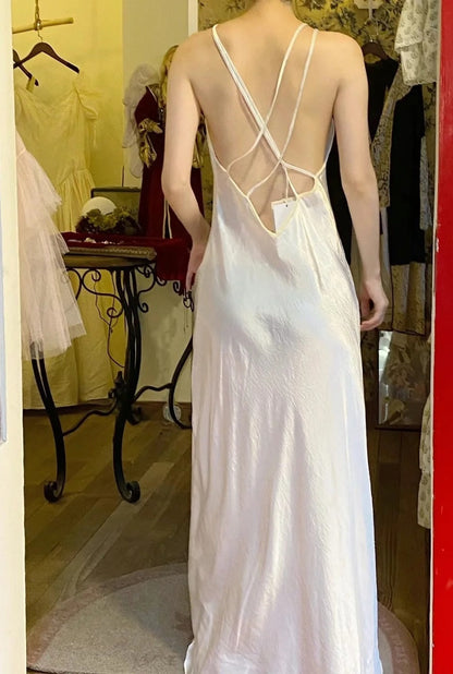Sexy Prom Dress White Crew Neck Backless Gala Dress Birthday Party Dress Evening Dress  D4574