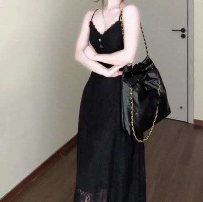 Retro v-neck hollow suspender dress niche waist temperament long skirt R0679