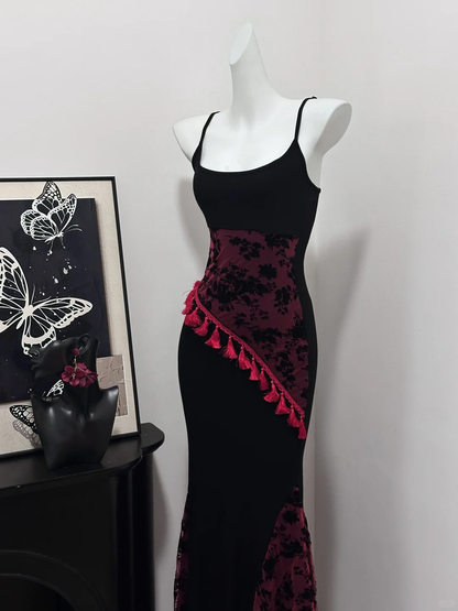Classy Spaghetti Strap Black Burgundy Sheath Mermaid Birthday Party Dress Evening Gown