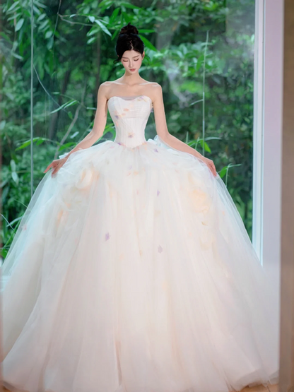 White tube top slim waist pink floral elegant princess ball gown bridal gown R5885