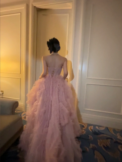 Pink halter-neck fitted waist puffy long skirt ball gown R6405