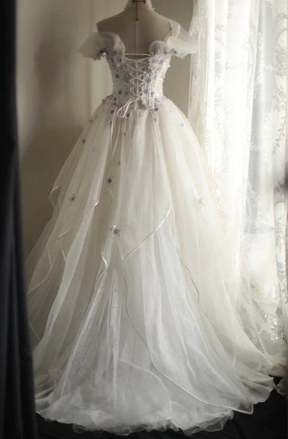 White off-the-shoulder floral design, fitted waist, full skirt, long ball gown, bridal dress R6843