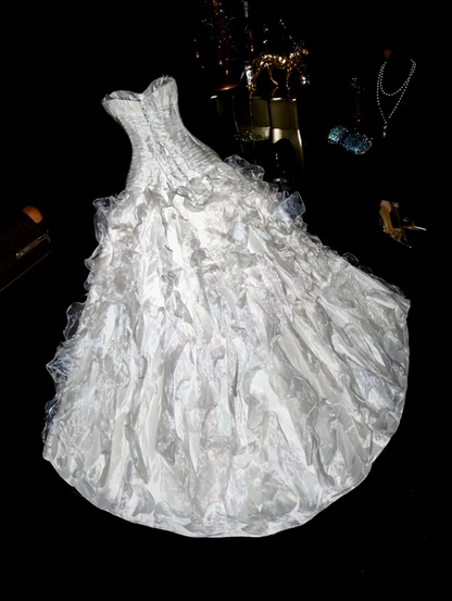 White strapless, fitted waist, pleated, elegant long ball gown R6924
