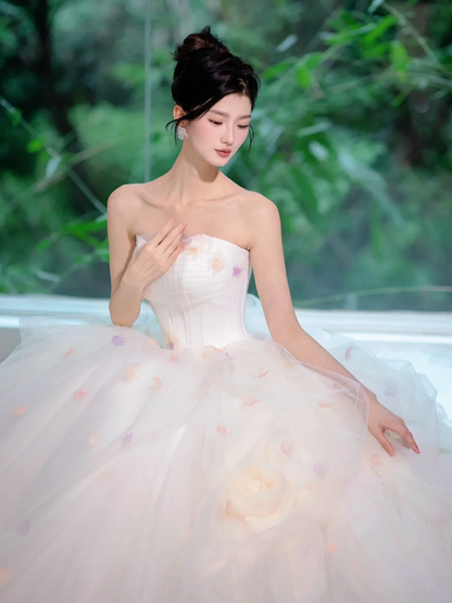 White tube top slim waist pink floral elegant princess ball gown bridal gown R5885