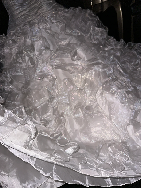 White strapless, fitted waist, pleated, elegant long ball gown R6924