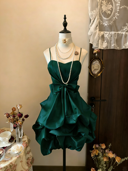 Vintage Yellow Spaghetti Straps Satin Pleated Short Prom Dress Formal Graduation Homecoming Dress D496