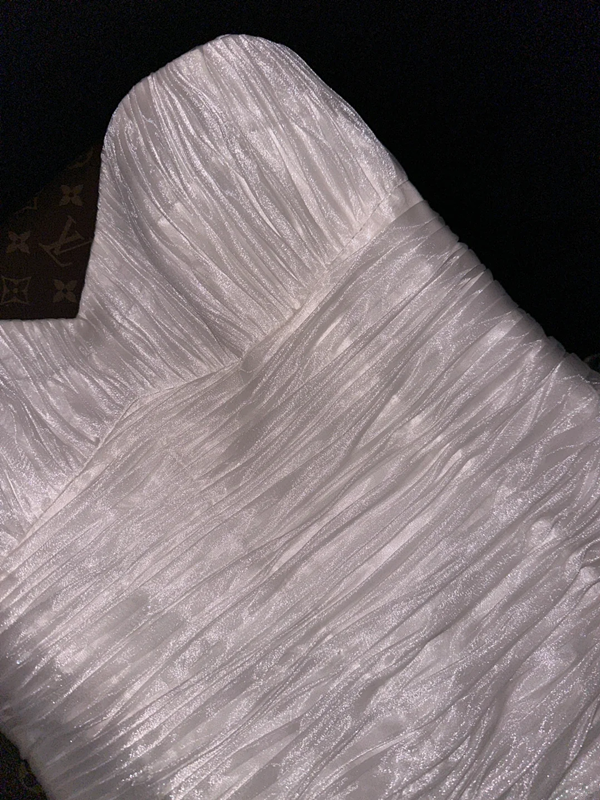 White strapless, fitted waist, pleated, elegant long ball gown R6924