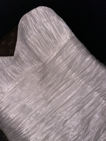 White strapless, fitted waist, pleated, elegant long ball gown R6924