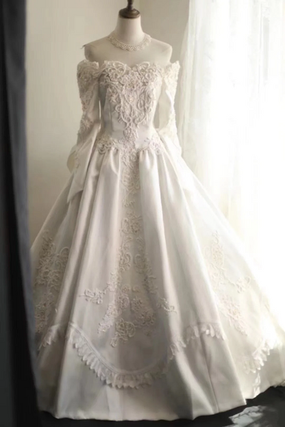 White off-the-shoulder lace waist-cinching slim-fit ballgown long prom dress R7951