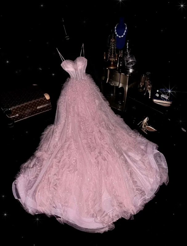 Pink halter-neck fitted waist puffy long skirt ball gown R6405